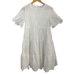 NWOT SHEIN Girl's White Eyelet Lace Tiered Dress Flutter Sleeve Boho Size 12Y
